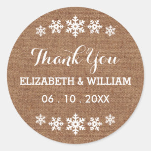 Faux Burlap Wedding Snowflake Sweet Thank You Classic Round Sticker