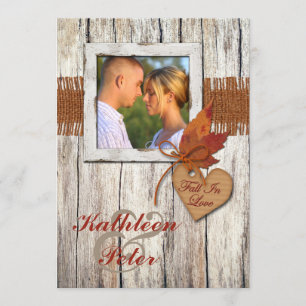 FAUX Burlap, Wood, Leaves, Heart PHOTO Wedding Invitation