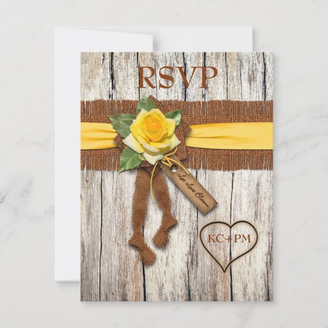 FAUX Burlap, Wood, Yellow Rose Wedding Reply Card (Front)
