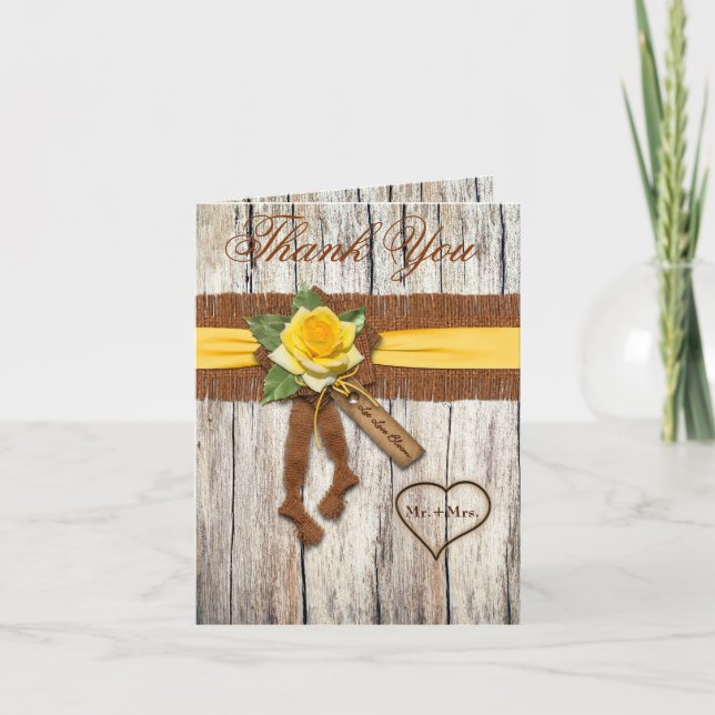 FAUX Burlap, Yellow Rose Thank You Card (Front)