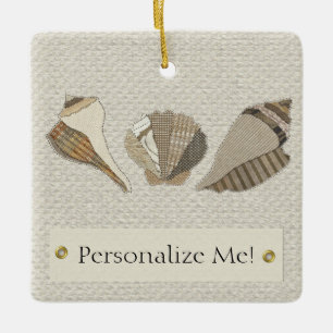 Faux Canvas Fabric Personalised Seashell Applique Ceramic Ornament