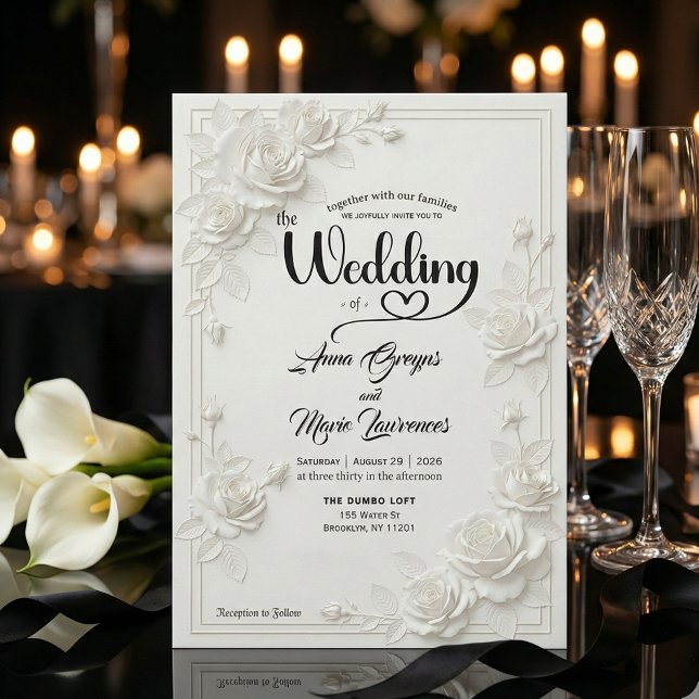 Faux Carved White Rose Bas Relief Floral Wedding  Invitation (Creator Uploaded)