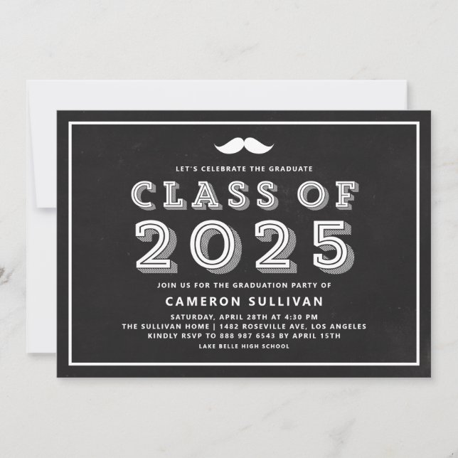 Faux Chalkboard Class of 2025 Moustache Graduation Invitation (Front)