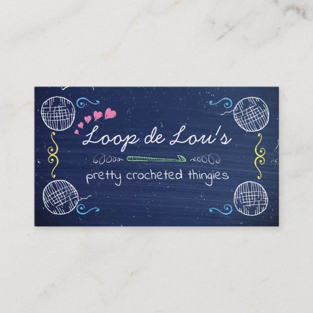 Faux chalkboard crochet hook ball of yarn crafting business card (Front)