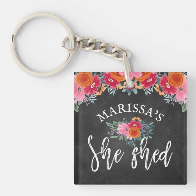 Faux Chalkboard Floral Brush Script She Shed Key Ring (Front)
