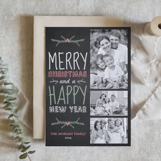 Faux Chalkboard Merry Christmas Three Photo Holiday Card (Creator Uploaded)