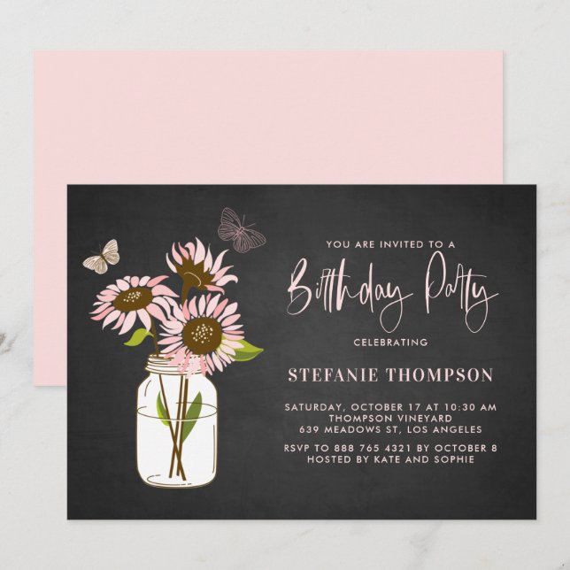 Faux Chalkboard Pink Sunflowers Birthday Party Invitation (Front/Back)