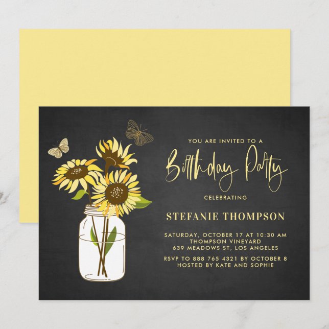 Faux Chalkboard Yellow Sunflowers Birthday Party Invitation (Front/Back)