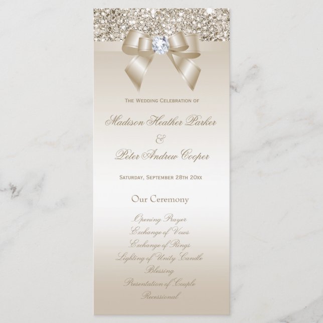 Faux Champagne Sequins Diamond Bow Wedding Program Programme (Front)