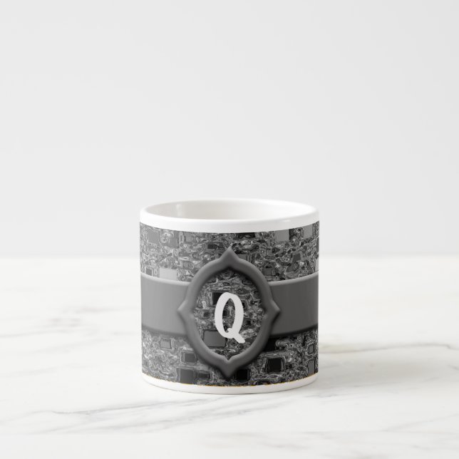 Faux Chrome Mini Box Design & Monogram Espresso Cup (Front)