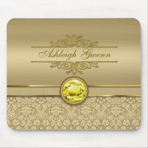 Faux Citrine Yellow Gemstone Metallic Gold Damask Mouse Mat