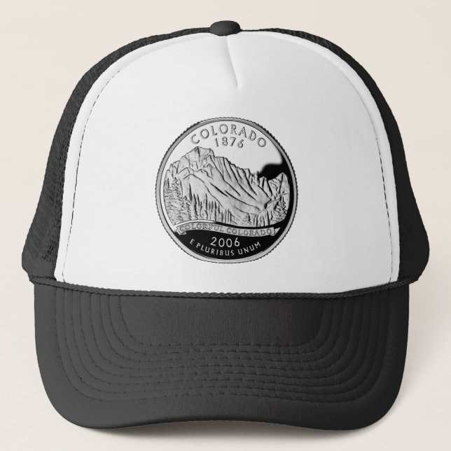 Faux Colorado State Quarter Rocky Mountains Trees Trucker Hat (Front)