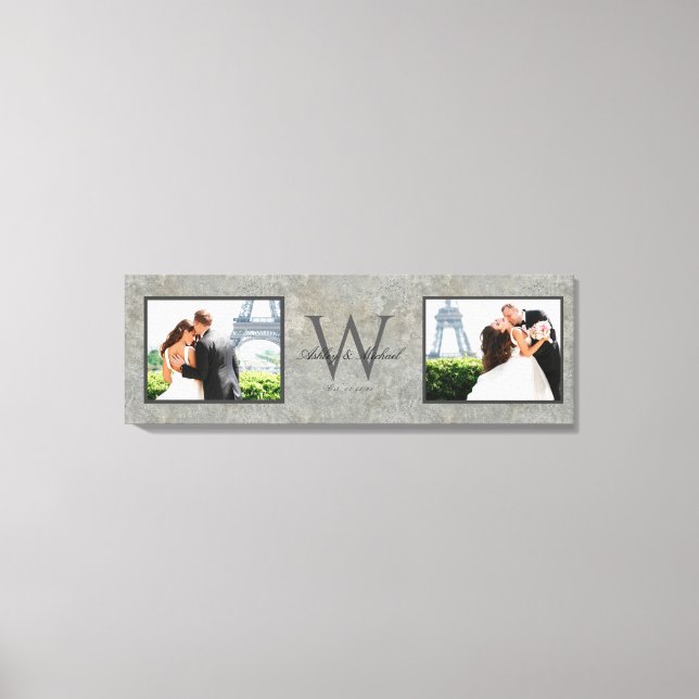 Faux Concrete 2 Photo Monogrammed Wedding Keepsake Canvas Print (Front)