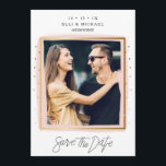 Faux Confetti Pink White Photo Save The Date Card<br><div class="desc">This faux gold confetti and pink brush stoke wedding save the date card features some faux gold confetti on either side of the card. The design also includes a faux gold border around the couples photograph with a pink brush stroke border beneath it. The back of the card is white...</div>