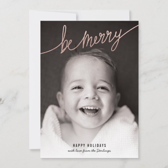 Faux Copper Foil Script Holiday Photo Card (Front)