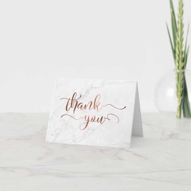 Faux Copper Foil Script Thank You & White Marble Card (Front)
