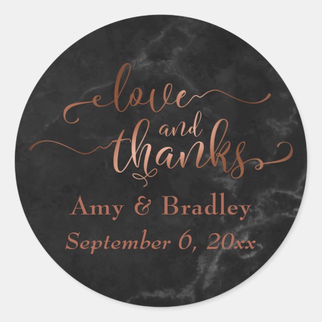 Faux Copper Love and Thanks Script w/ Black Marble Classic Round Sticker (Front)