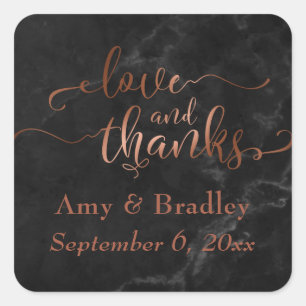 Faux Copper Love and Thanks Script w/ Black Marble Square Sticker