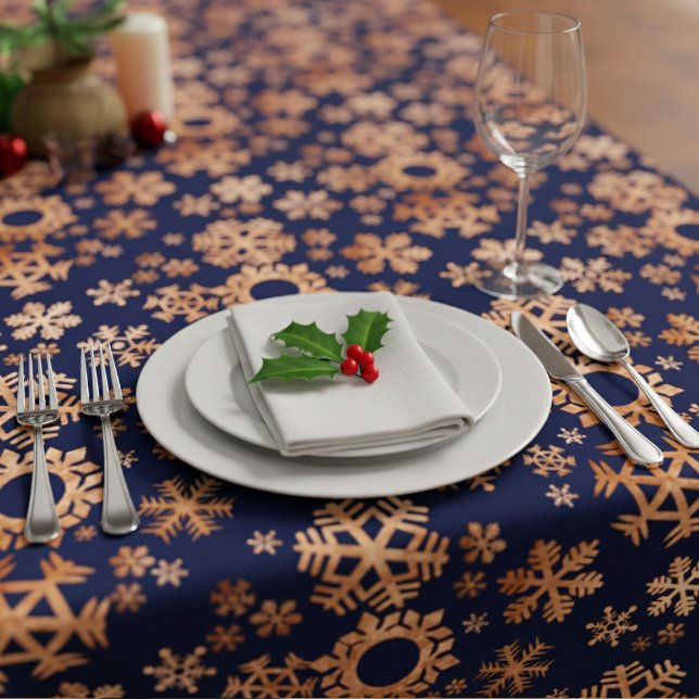 Faux Copper Snowflakes Navy Blue Tablecloth (Looking for an alternative for your festive table? How about Navy Blue and Copper Snowflakes?)