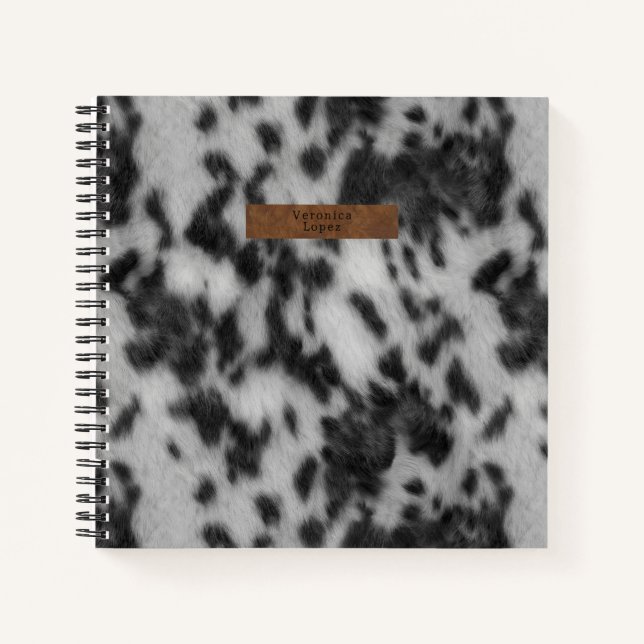 Faux Cowhide & Leather Black & White Animal Print Notebook (Front)