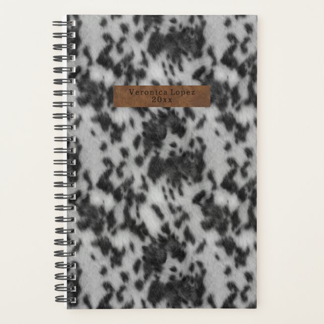 Faux Cowhide & Leather Black & White Animal Print Planner (Front)