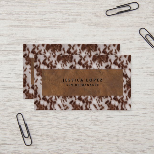 Faux Cowhide & Leather Rustic Animal Print Brown Business Card (Front/Back In Situ)