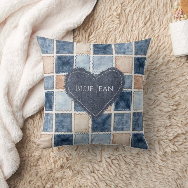 Faux Cream Denim Blue Jean Heart Cushion (Blanket)