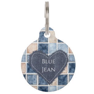 Faux Cream Denim Blue Jean Heart Pet Tag