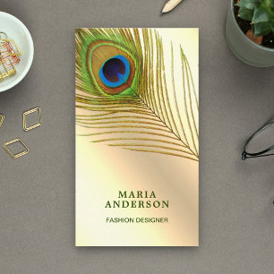 Faux Cream Gold Foil Green Indian Peacock Feather Business Card