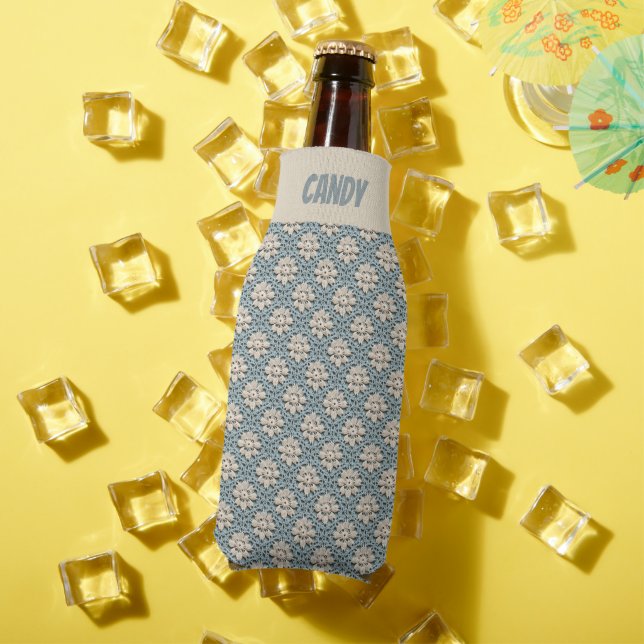 Faux Crochet Blue and Cream Pattern Bottle Cooler (In Situ Summer)