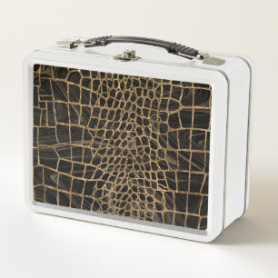 Faux Crocodile Black Liquid Marble and gold Metal Lunch Box