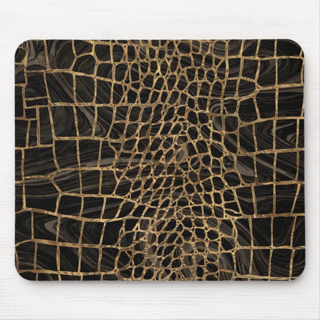 Faux Crocodile Black Liquid Marble and gold Mouse Mat (Front)