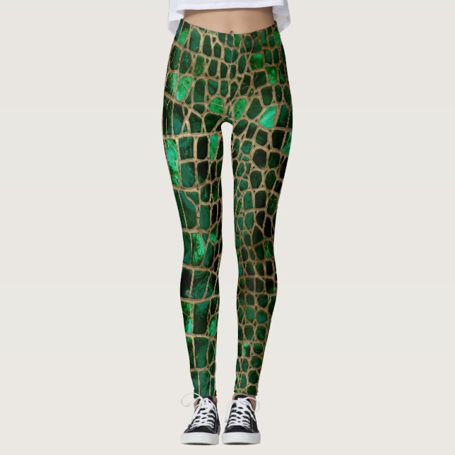 Faux Crocodile texture Malachite and gold Leggings (Front)