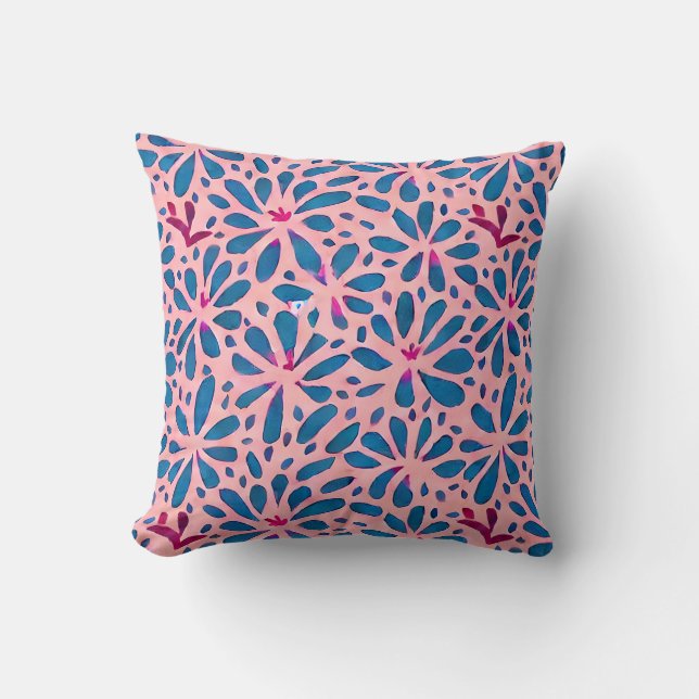 Faux Cutout Pink Blue Folk Art Inspired Cushion (Front)