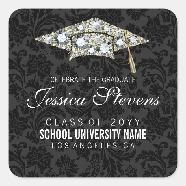 Faux Damions And Gold Graduation Hat 2a Square Sticker (Front)