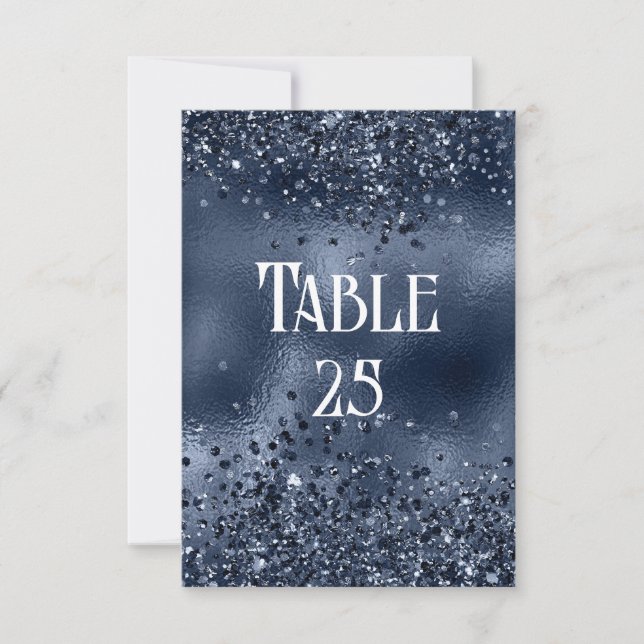 Faux Dark Blue Glitter & Foil Wedding Table Number (Front)