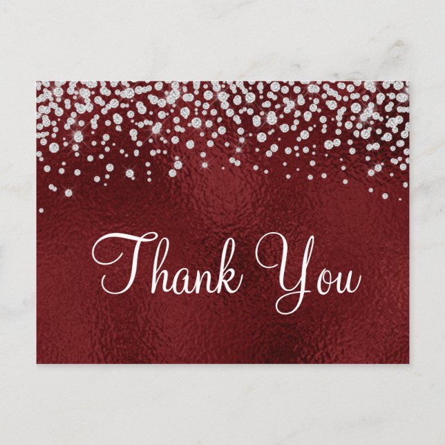 Faux Dark Red Foil Diamond Confetti Thank You Postcard (Front)