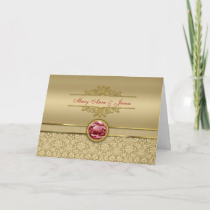 Faux Dark Ruby Red Gemstone Metallic Gold Damask Card