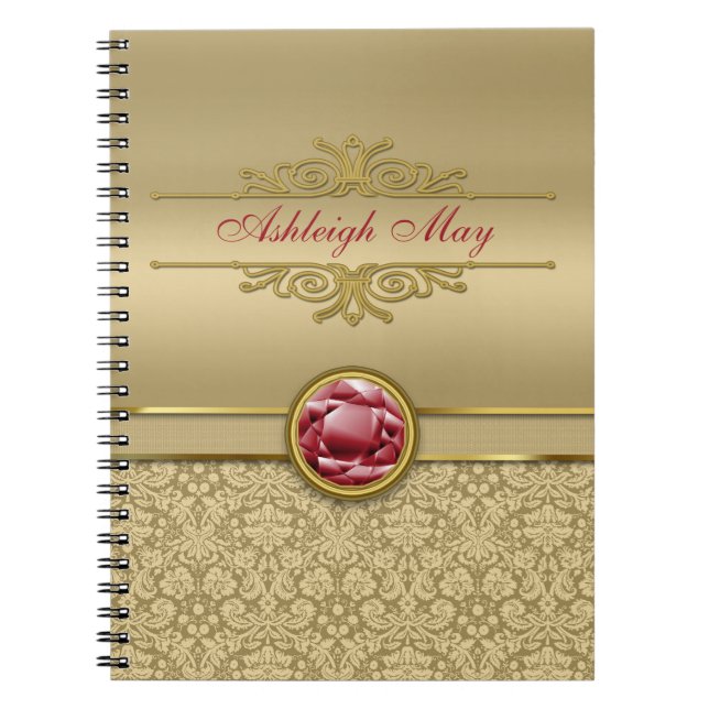 Faux Dark Ruby Red Gemstone Metallic Gold Damask Notebook (Front)
