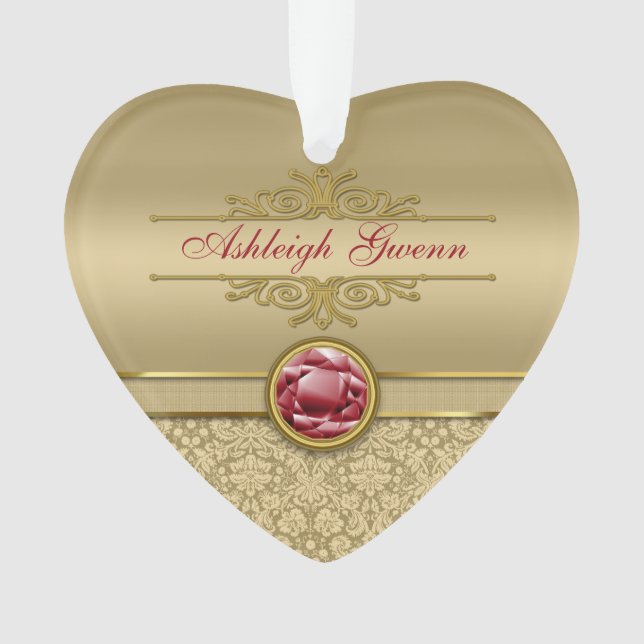 Faux Dark Ruby Red Gemstone Metallic Gold Damask Ornament (Front)