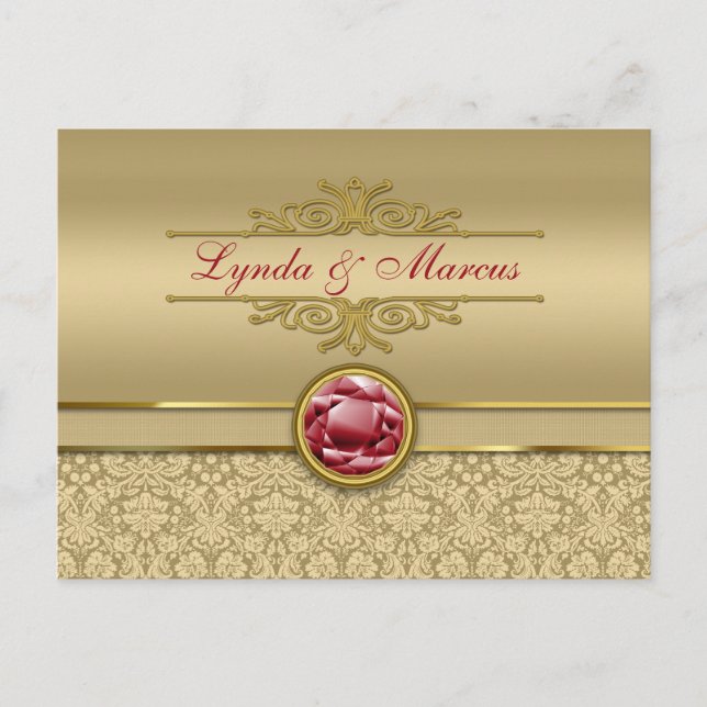 Faux Dark Ruby Red Gemstone Metallic Gold Damask Postcard (Front)