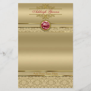 Faux Dark Ruby Red Gemstone Metallic Gold Damask Stationery