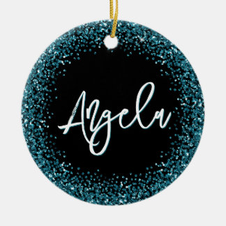 Faux Dark Teal Glitter Black Photo Ceramic Tree Decoration