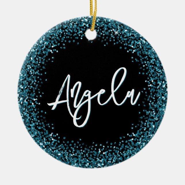 Faux Dark Teal Glitter Black Photo Ceramic Tree Decoration (Front)