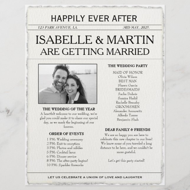 Faux Deckle-Edge Black and White Newspaper Wedding Flyer (Front)