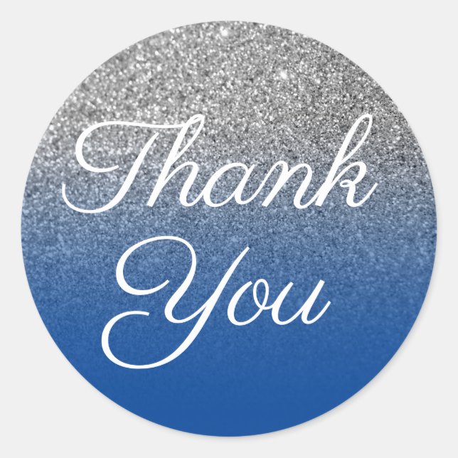 Faux Deep Blue Silver Glitter Thank You Classic Round Sticker (Front)