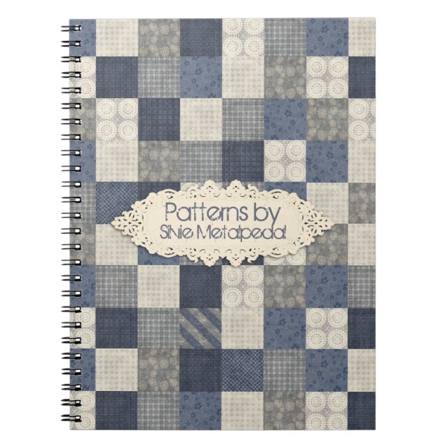 Faux denim blue cream quilting quilter pattern notebook (Front)
