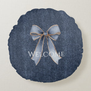Faux Denim Blue Jean Bow Round Cushion