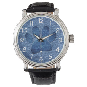 Faux Denim Jeans Dog Paw Print  Watch