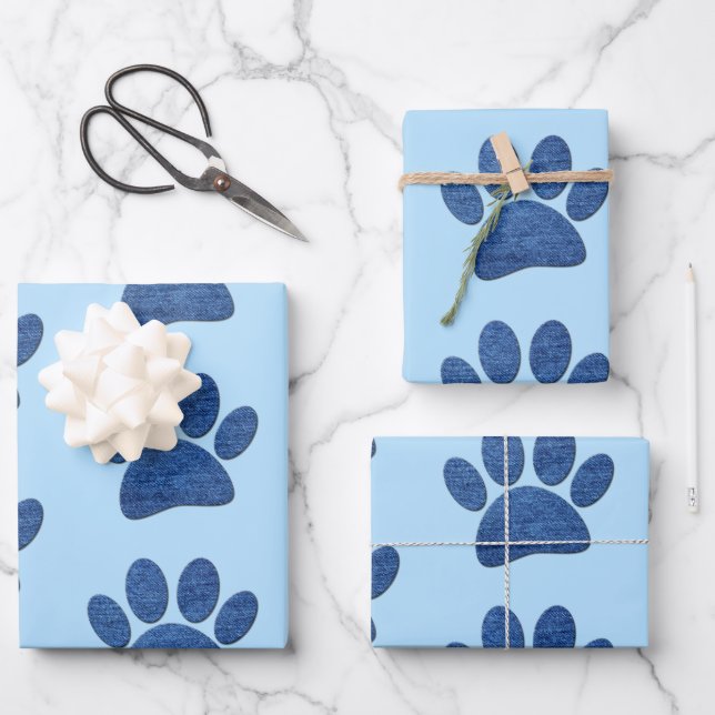 Faux Denim Jeans Dog Paw Printed Texture Wrapping Paper Sheet (Front)